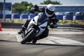 A motorcyclist in full gear, including a white helmet and protective clothing, is dynamically cornering on a sport