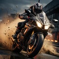 A motorcyclist in full uniform rides at high speed on a sports motorcycle. Motorsport Royalty Free Stock Photo