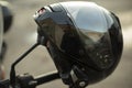 Motorcyclist helmet. Black helmet on motorcycle. Security tool