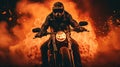 A motorcyclist in a helmet and leather jacket rides a motorcycle through a scorching fire