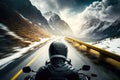 A motorcyclist in a helmet rides a motorcycle along the Alpine road. Generative ai