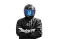 Motorcyclist in a helmet on a white background. Biker Black outfit