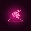 Motorcyclist in a jump neon icon. Elements of bigfoot car set. Simple icon for websites, web design, mobile app, info graphics