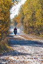 Motorcyclist on Old Forest Road Against Autumn Scenery in Polesye natural Resort