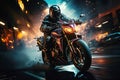 motorcyclist racer drives a sports motorcycle fast on road in the city at night. Motion blur, speed Royalty Free Stock Photo