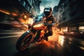 motorcyclist racer drives a sports motorcycle fast on road in the city at night. Motion blur, speed Royalty Free Stock Photo