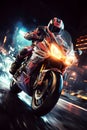 motorcyclist racer drives a sports motorcycle fast on road in the city at night. Motion blur, speed Royalty Free Stock Photo