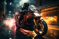 motorcyclist racer drives a sports motorcycle fast on road in the city at night. Motion blur, speed Royalty Free Stock Photo