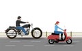 A motorcyclist rides a motorcycle, and a girl rides a scooter on an empty asphalt road. Vector illustration.