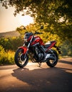 Motorcyclist riding a motorcycle on a country road at sunset. ai generative Royalty Free Stock Photo