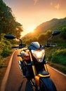 Motorcyclist riding a motorcycle on a country road at sunset. ai generative Royalty Free Stock Photo