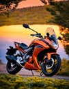 Motorcyclist riding a motorcycle on a country road at sunset. ai generative Royalty Free Stock Photo