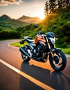 Motorcyclist riding a motorcycle on a country road at sunset. ai generative Royalty Free Stock Photo