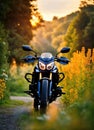 Motorcyclist riding a motorcycle on a country road at sunset. ai generative Royalty Free Stock Photo