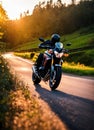 Motorcyclist riding a motorcycle on a country road at sunset. ai generative Royalty Free Stock Photo