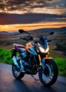 Motorcyclist riding a motorcycle on a country road at sunset. ai generative Royalty Free Stock Photo