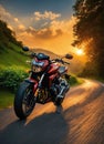 Motorcyclist riding a motorcycle on a country road at sunset. ai generative Royalty Free Stock Photo