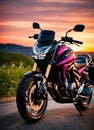 Motorcyclist riding a motorcycle on a country road at sunset. ai generative Royalty Free Stock Photo