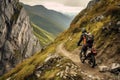 Motorcyclist riding on a narrow mountain trail with dramatic cliffs. Generative AI