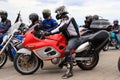 Motorcyclists on Cool Motorbikes, in helmets and leather jackets, open the motorcycle season, Motorcycling in Motorcycle Racing Royalty Free Stock Photo