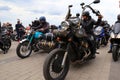 Motorcyclists on Cool Motorbikes, in helmets and leather jackets, open the motorcycle season, Motorcycling in Motorcycle Racing Royalty Free Stock Photo