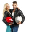 Motorcyclists couple with helmets Royalty Free Stock Photo