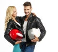 Motorcyclists couple with helmets Royalty Free Stock Photo