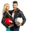 Motorcyclists couple with helmets Royalty Free Stock Photo