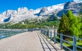 Motorcyclists on mountain road, Passo Fedaia Fedaia Pass, at the foot of the Marmolada Massif and near Lake Fedaia, Dolomites, F Royalty Free Stock Photo