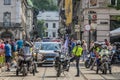 LVIV, UKRAINE - MAY 2018: Motorcyclists ride around the city in a column accompanied by police