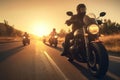 Motorcyclists road sunset ride. Generate Ai Royalty Free Stock Photo