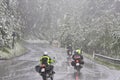 Motorcyclists in a snowstorm, Austria Royalty Free Stock Photo