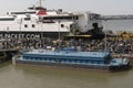 Motorcyclists and their bikes disembarking from a roro ferry in Liverpool docks, UK