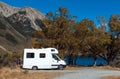 Motorhome camper at Lake Pearson / Moana Rua Wildlife Refuge, New Zealand