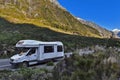 Motorhome / campervan parking at Monkey Creek on Milford Road to Milford Sound