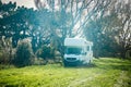 motorhome on a camping ground, caravan vacations, campervan trip