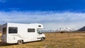 Motorhome on campsite. Can use for summer or holiday concept background. Royalty Free Stock Photo