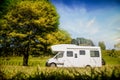 motorhome, caravan or campervan on natural background, vanlife concept, road trip idea