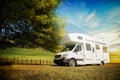 motorhome, caravan or campervan on natural background, vanlife concept, road trip idea