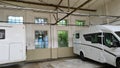 Motorhome caravan in a hall for the winter