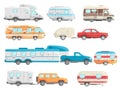 Motorhome cars. Caravan rv campers, retro travel car, vintage trailer caravans, vacation vehicle, motorhomes wheel, road