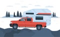Motorhome driving on a mountain road against the background of an abstract landscape. Vector illustration Royalty Free Stock Photo