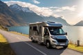 Motorhome on the landscape with mountains and lake. Car traveling illustration. Freedom vacation travel. Caravan design