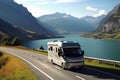 Motorhome on the landscape with mountains and lake. Car traveling illustration. Freedom vacation travel. Caravan design