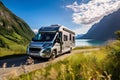 Motorhome on the landscape with mountains and lake. Car traveling illustration. Freedom vacation travel. Caravan design
