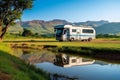 Motorhome on the landscape with mountains and lake. Car traveling illustration. Freedom vacation travel. Caravan design