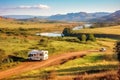 Motorhome on the landscape with mountains and lake. Car traveling illustration. Freedom vacation travel. Caravan design Royalty Free Stock Photo