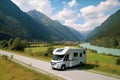 Motorhome on the landscape with mountains and lake. Car traveling illustration. Freedom vacation travel. Caravan design Royalty Free Stock Photo