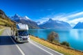 Motorhome on the landscape with mountains and lake. Car traveling illustration. Freedom vacation travel. Caravan design Royalty Free Stock Photo