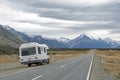 Motorhome on Mount Cook Road along the Tasman River leading to Aoraki / Mount Cook National Park Royalty Free Stock Photo